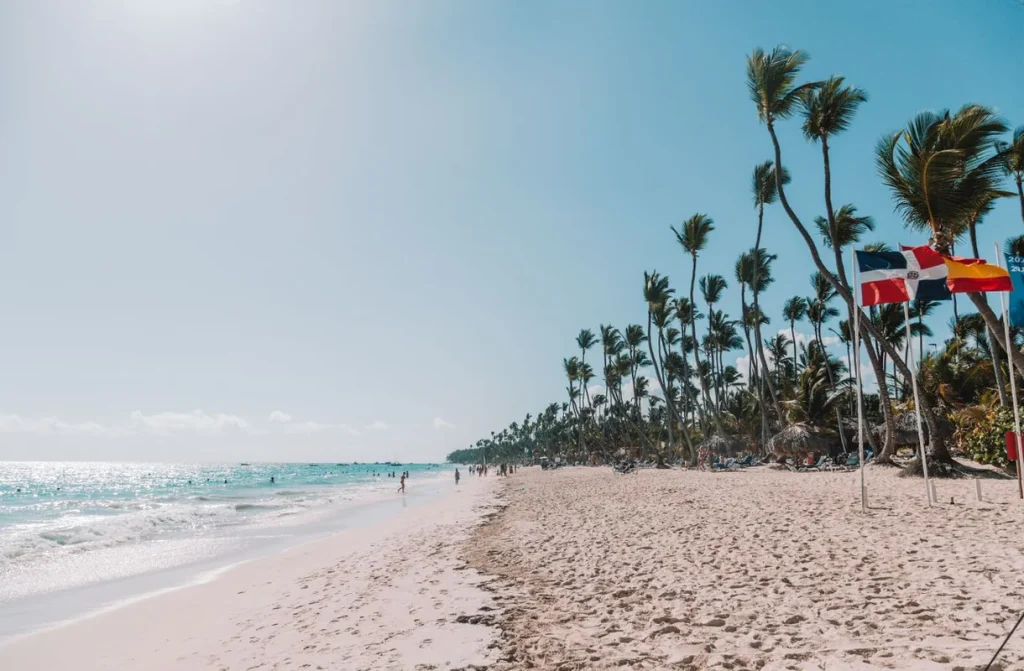 Sunny tropical beach with palm trees and blue sky in Punta Cana, Dominican Republic