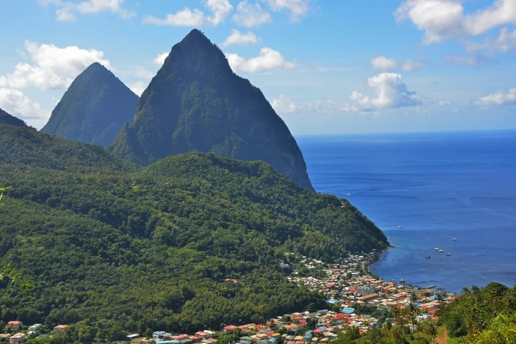 The Pitons rising above the Caribbean coast in Saint Lucia