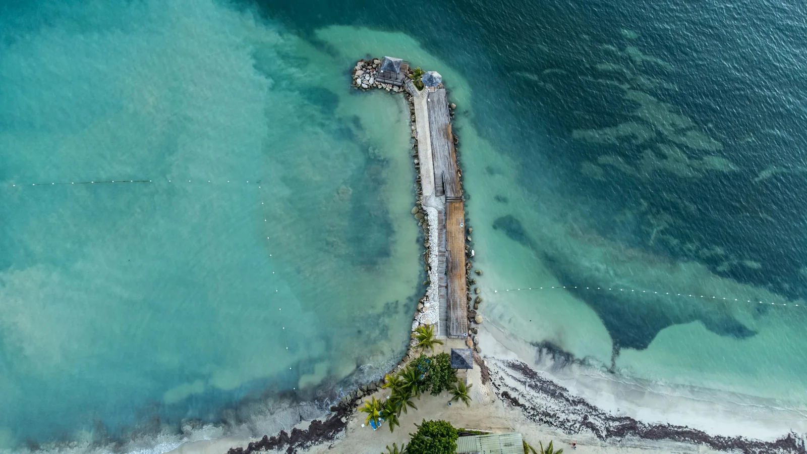 Aerial view of Montego Bay Jamaica coastline and turquoise Caribbean water