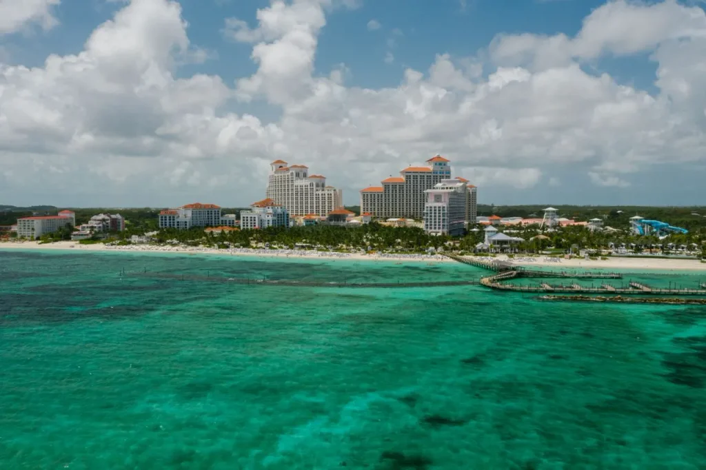 Aerial view of Baha Mar Resort and turquoise ocean on the Nassau coastline, Bahamas