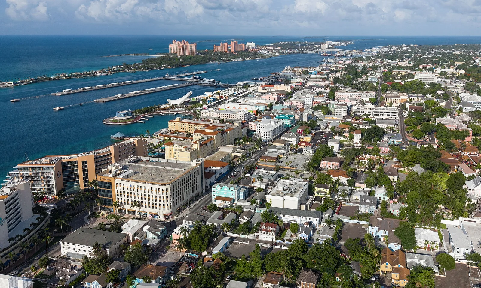 Aerial view of Nassau Bahamas and the turquoise Caribbean Sea