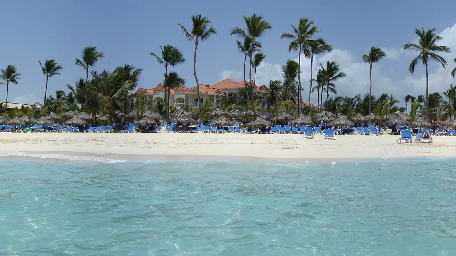 Wide Punta Cana resort beach with palm trees and turquoise water