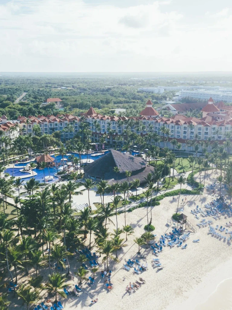 Aerial view of Occidental Caribe Resort with palm trees, beach, and blue ocean in Punta Cana, Dominican Republic