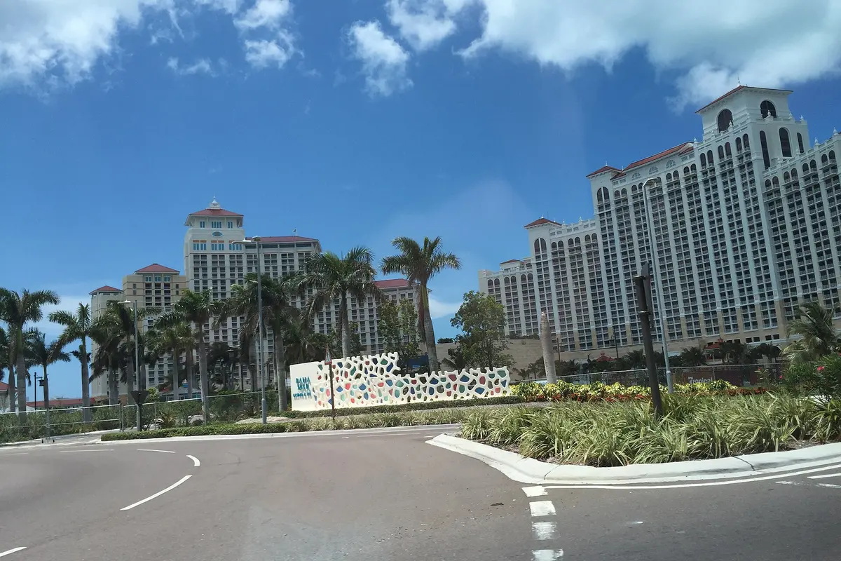 Baha Mar resort buildings and tropical beach in Nassau, Bahamas