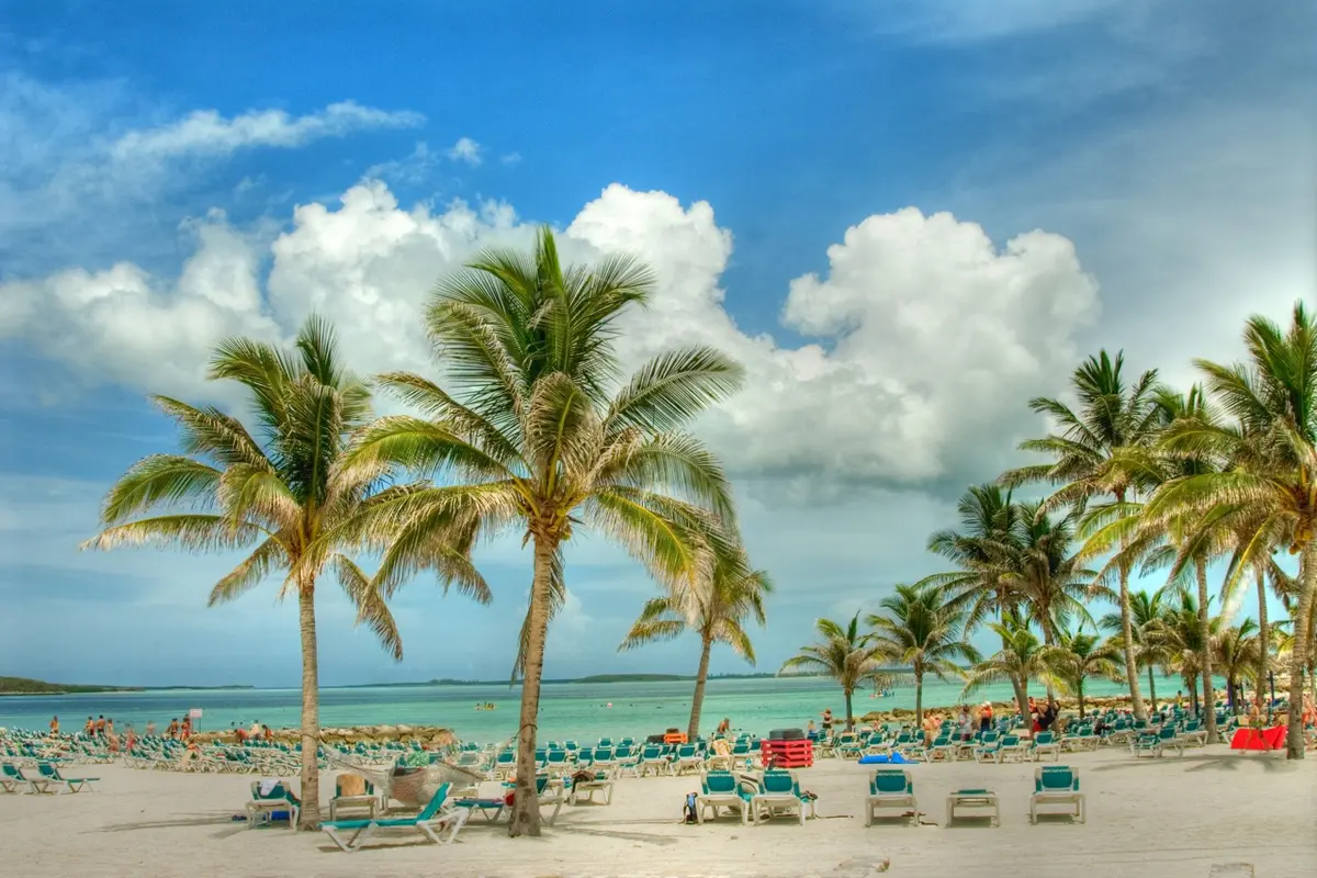 Palm-lined beach with lounge chairs in Nassau Bahamas