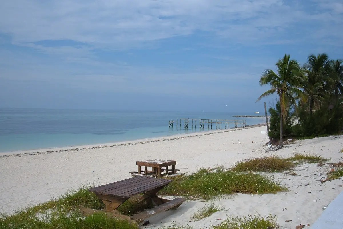 Quiet white-sand beach and wooden pier on Grand Bahama Island