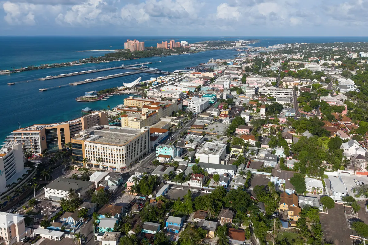 Aerial view of downtown Nassau Bahamas and the Paradise Island coastline