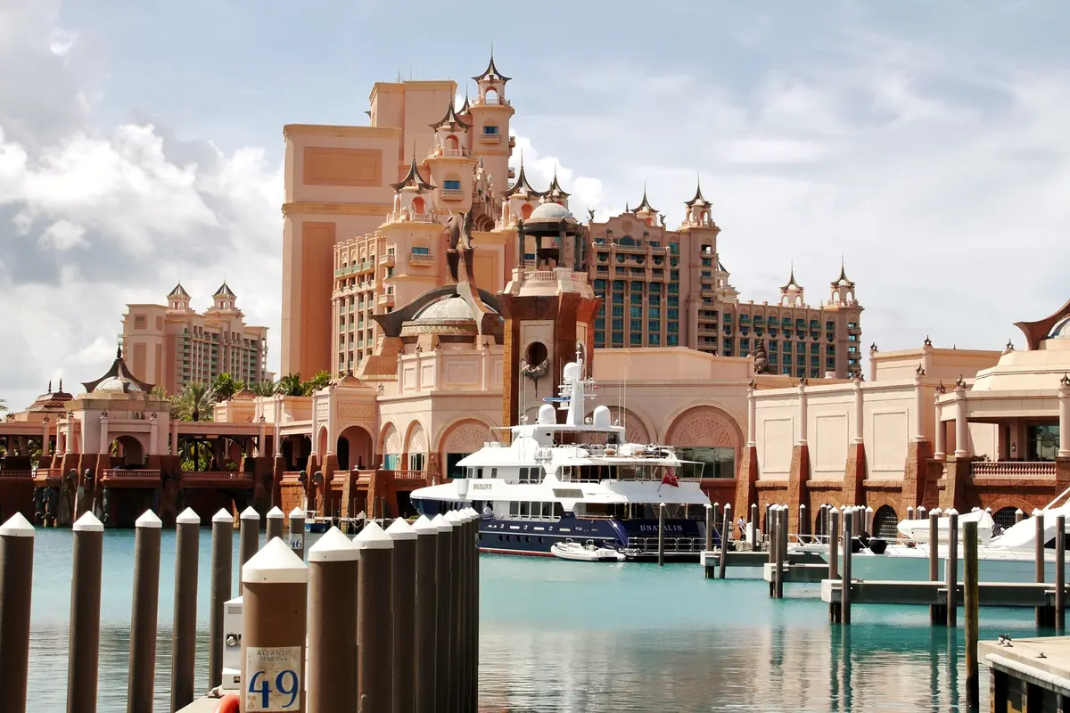 Paradise Island marina and Atlantis resort towers in Nassau Bahamas
