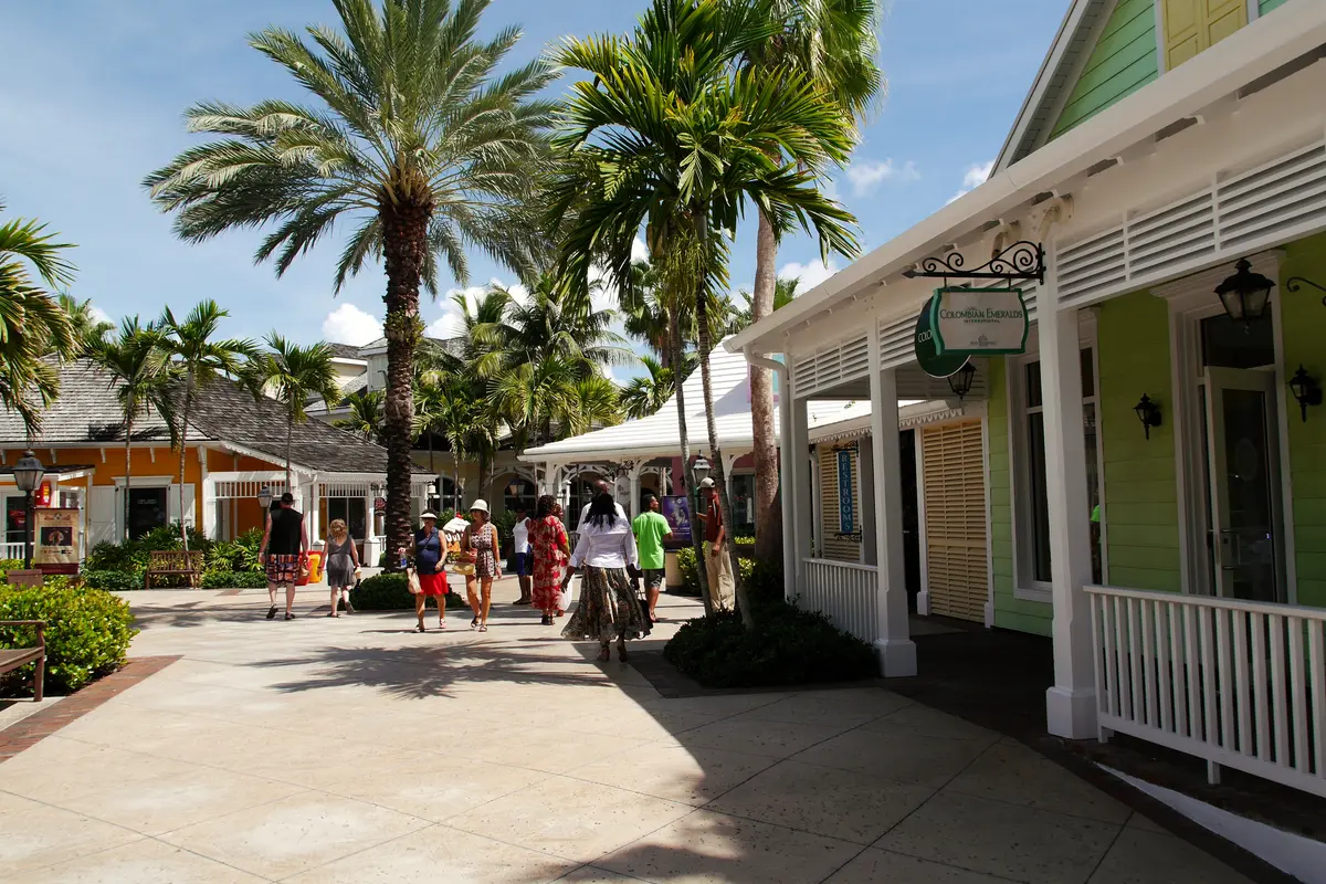 Marina Village shops and palm trees on Paradise Island Bahamas