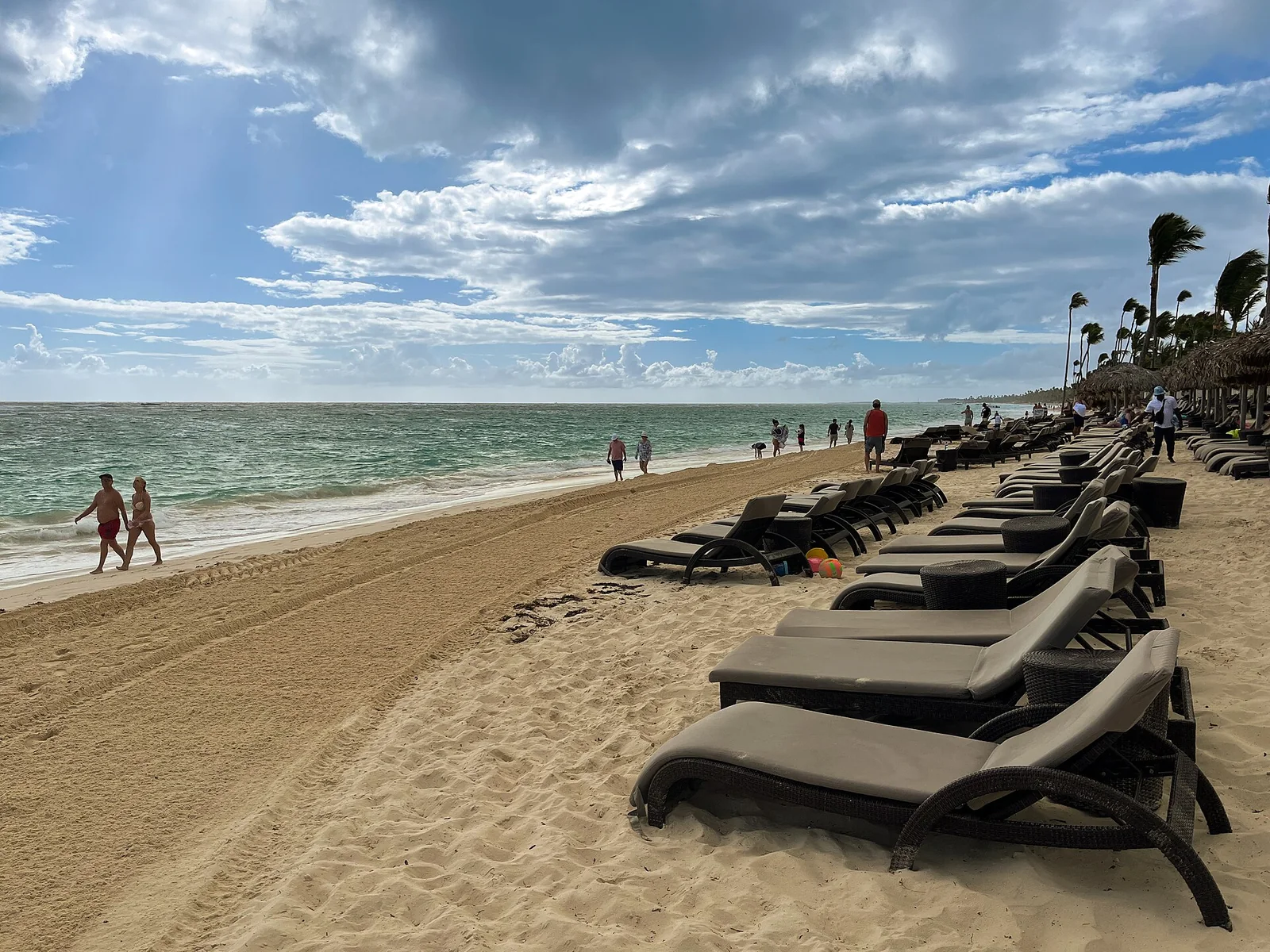 Beach loungers along the Punta Cana coast near the Bávaro resort area